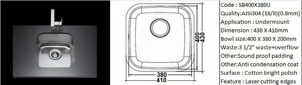🇹🇭*PREORDER 60 DAYS REQUIRED*🇹🇭 SB400X380U / Undermount application / AISI304 (18/8) / 0.8mm plate thickness / 3 1/2