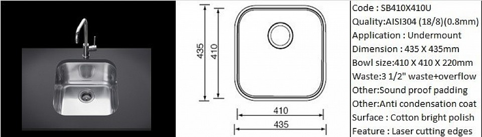 🇲🇾*STOCK AVAILABLE*🇲🇾 SB410X410U / Undermount application type / AISI304 (18/8) / 0.8mm plate thickness / 3 1/2
