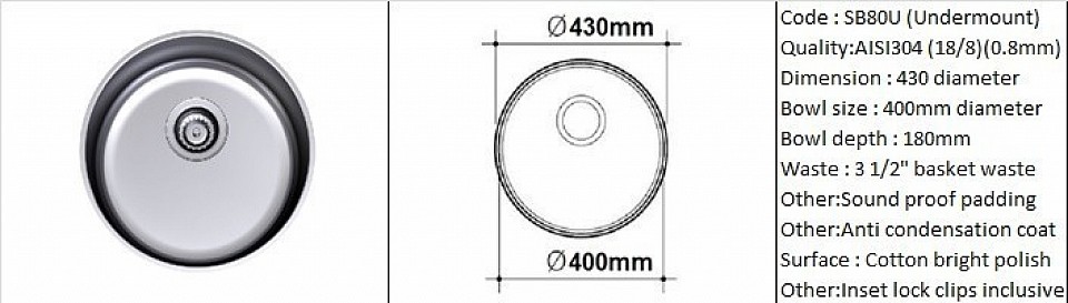 🇲🇾*STOCK AVAILABLE*🇲🇾 SB80U Round sink / Undermount application / AISI304 (18/8) / 0.8mm plate thickness / 3 1/2