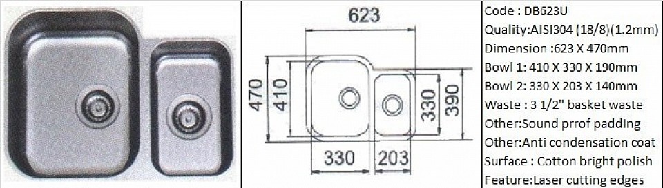 🇹ðŸ‡*PREORDER 60 DAYS REQUIRED*🇹🇠DB623U / Undermount application / AISI304 (18/8) / 1.2 mm plate thickness / 3 1/2
