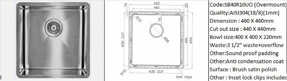 🇲🇾*STOCK AVAILABLE*🇲🇾 SB40R10UO / Overmount counter top application / Designer's hand made R10 radius sink (All sink interior corners) / AISI304 (18/8) / 1 mm plate thickness / 3 1/2