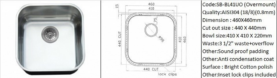 🇲🇾*STOCK AVAILABLE*🇲🇾 SB-BL41UO / Overmount counter top application / AISI304 (18/8) / 0.8mm plate thickness / 3 1/2