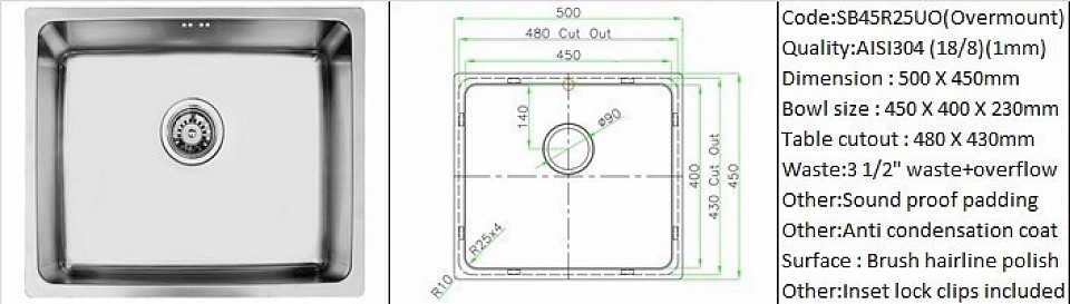 🇲🇾*STOCK AVAILABLE*🇲🇾 SB45R25UO / Overmount countertop application / Material : AISI304 (18/8) / Plate thickness 1mm / External size 500mmX450mm / Bowl size 450mmX400mm / Table cut out size 480mmX430mm / Standard sound proof padding / Anti condensation bowl base coating / Brush hairline machine polish / Standard sound proof padding / Anti condensation bowl base coating / Table lock clips included / Optional 200mm bowl depth available