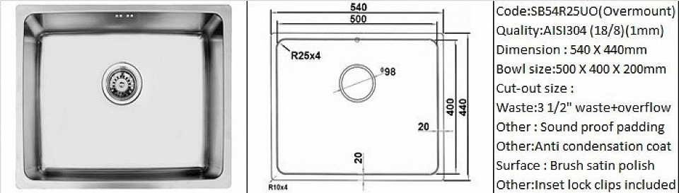 🇲🇾*STOCK AAVAILABLE*🇲🇾 SB54R25UO / Overmount counter top application / AISI304 (18/8) / 1 mm plate thickness / 3 1/2