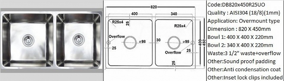 🇲🇾*STOCK AVAILABLE*🇲🇾 DB820X450R25UO / 25 degree radius bowl corners / Overmount application / AISI304 (18/8) / 1.0 mm plate thickness / 3 1/2