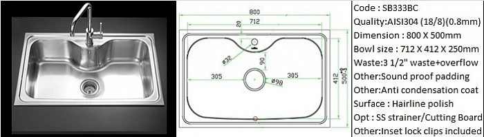 SB333BC / Counter top application / AISI304 (18/8) / 0.8mm plate thickness / 3 1/2