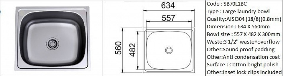 🇲🇾*STOCK AVAILABLE*🇲🇾 SB70L1BC Laundry Sink / Counter top type application / AISI304 (18/8) / 0.8mm plate thickness / 3 1/2