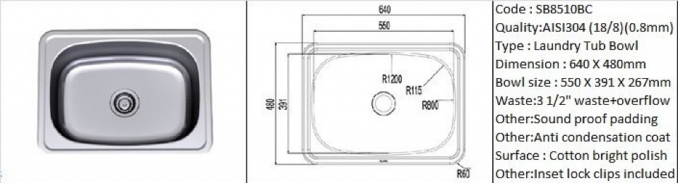 SB8510BC Laundry Tub / Counter top application / AISI304 (18/8) / 0.8mm plate thickness / 3 1/2