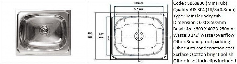 🇲🇾*STOCK AVAILABLE*🇲🇾 SB608BC Laundry Tub (250mm bowl depth) / Counter top application / AISI304 (18/8) / 0.8mm plate thickness / 3 1/2