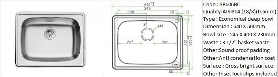 🇹ðŸ‡*PREORDER 60 DAYS REQUIRED*🇹🇠SB606BC / Economical deep bowl sink / Counter top application / AISI304 (18/8) / 0.6mm plate thickness / 3 1/2