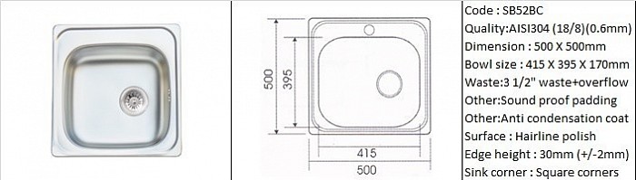 SB52BC / Counter top application / AISI304 (18/8) / 0.6mm plate thickness / 3 1/2