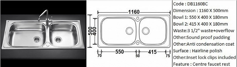 🇹ðŸ‡*PREORDER 60 DAYS REQUIRED*🇹🇠DB1160BC / Double bowl sink featuring 1 large bowl and 1 normal size bowl / Inset or Counter-top application / AISI304 (18/8) / 0.8 mm plate thickness / 3 1/2