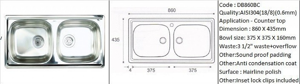 🇹ðŸ‡*PREORDER 60 DAYS REQUIRED*🇹🇠DB860BC / Inset or Counter-top application / AISI304 (18/8) / 0.6 mm plate thickness / 3 1/2