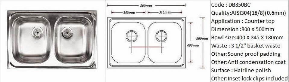 🇲🇾*STOCK AVAILABLE*🇲🇾 DB850BC / Inset or Counter-top application / AISI304 (18/8) / 0.6 mm plate thickness / 3 1/2