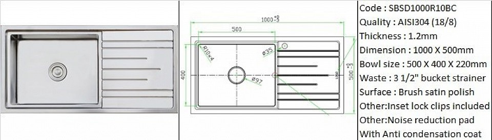 SBSD1000R10BC / Designer's hand weld kitchen sink design / Quality AISI304 genuine stainless steel material / Deep bowl 220mm / Large bowl 500mm X 400mm / Contemporary design features / Small 10 degrees radius all interior bowl corners